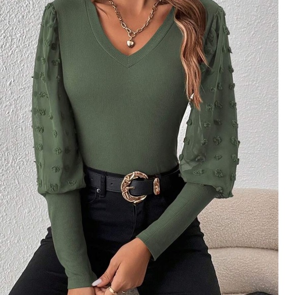 Fitted V neck Swiss Dot Puff Sleeve Top - Picture 9 of 10